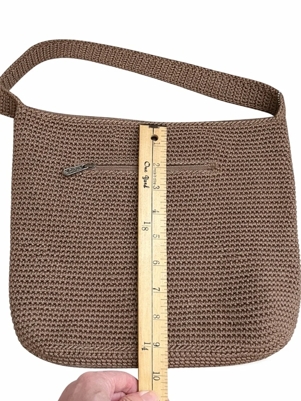 The Sak Crochet Knit Shoulder Bag Brown Boho Hobo Zip Closure